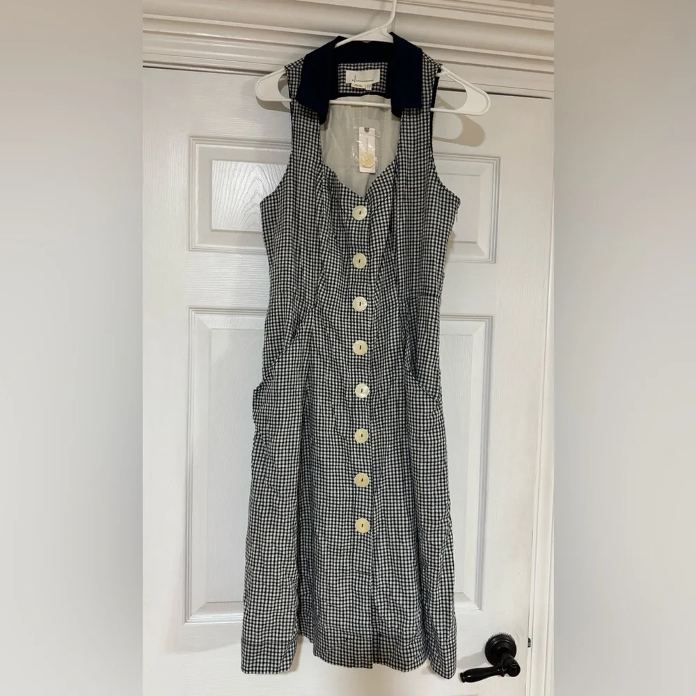 HTF Anthropologie Navy Blue Linen Cotton Gingham Camellia Collared Dress Size 10 - Picture 5 of 13